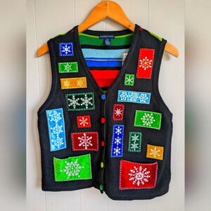 Westbound Patchwork Holiday‎ Sweater Vest size Petite Medium Snow Christmas